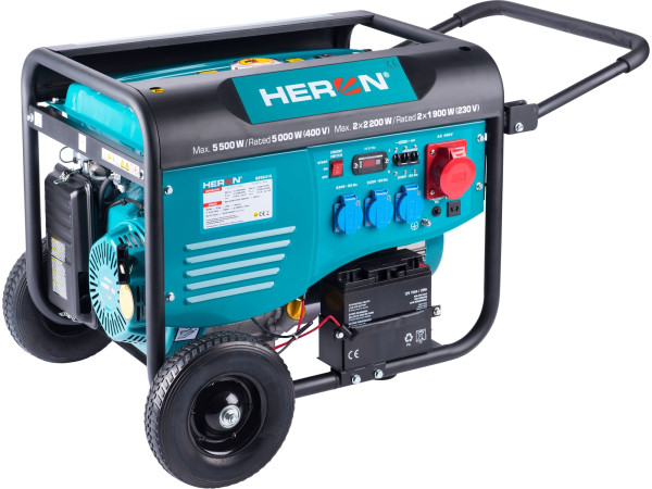 Heron 8896414 elektrocentrála benzínová 13HP/6,0kW (400V), 2x2,2kW (230V), elektrický start, podvozek